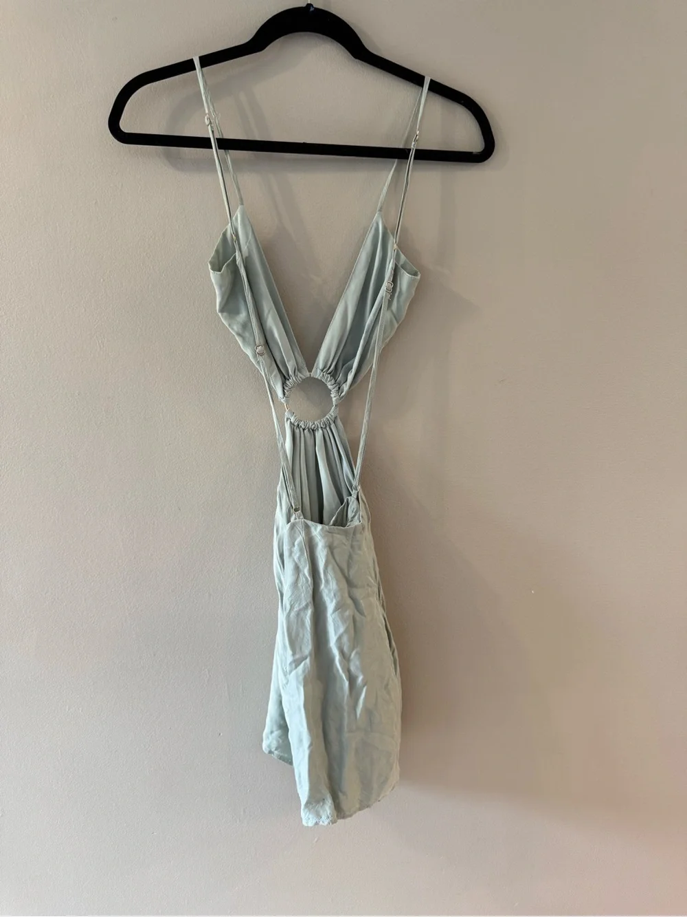 Beginning Boutique Backless Sage Green Mini Dress with Crisscross Straps